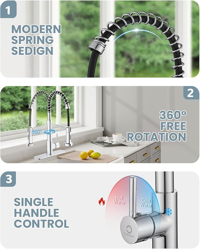 Kitchen Faucet,Chrome Kitchen Faucet with Soap Dispenser and Deck Plate,Faucet for Camper Farmhouse RV Kitchen Sink,Single Handle Stainless Steel Kitchen Sink Faucets with Pull Down Sprayer