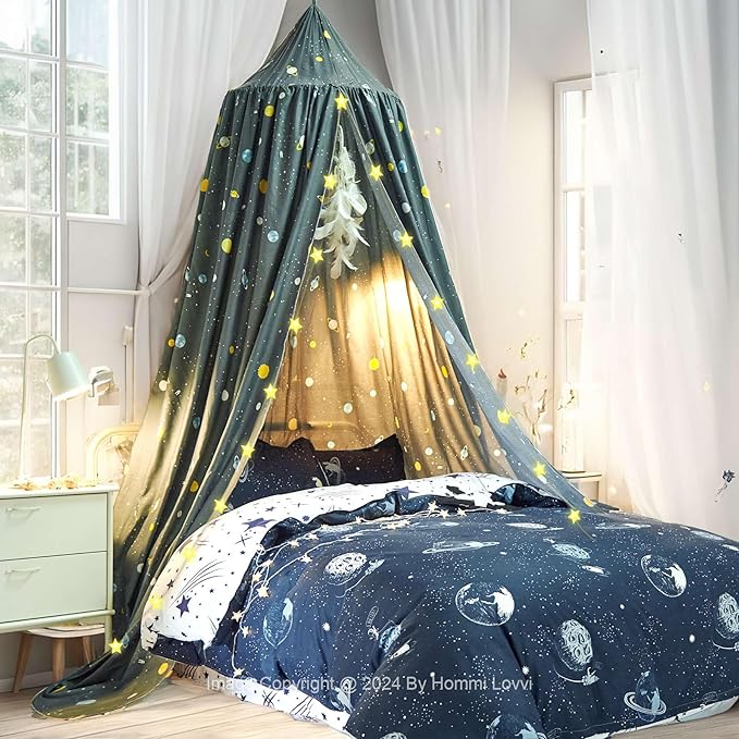 Space Rockets Print Kids Bed Canopy, Girls Princess Bed Canopy Dreamy Room Decor, Soft Hanging Reading Nook Play Tent Canopy, Extra Large Full Size Bed Canopy with String Light