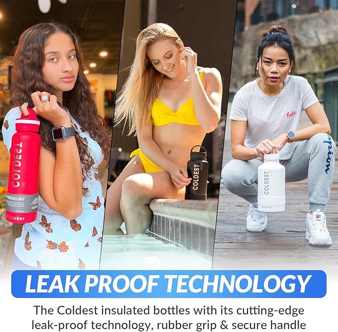 Coldest Insulated Water Bottle with Handle Lid | Leak Proof, Insulated Modern Stainless Steel, Triple Walled, Sport Thermos Bottles, Metal Flask | 32oz