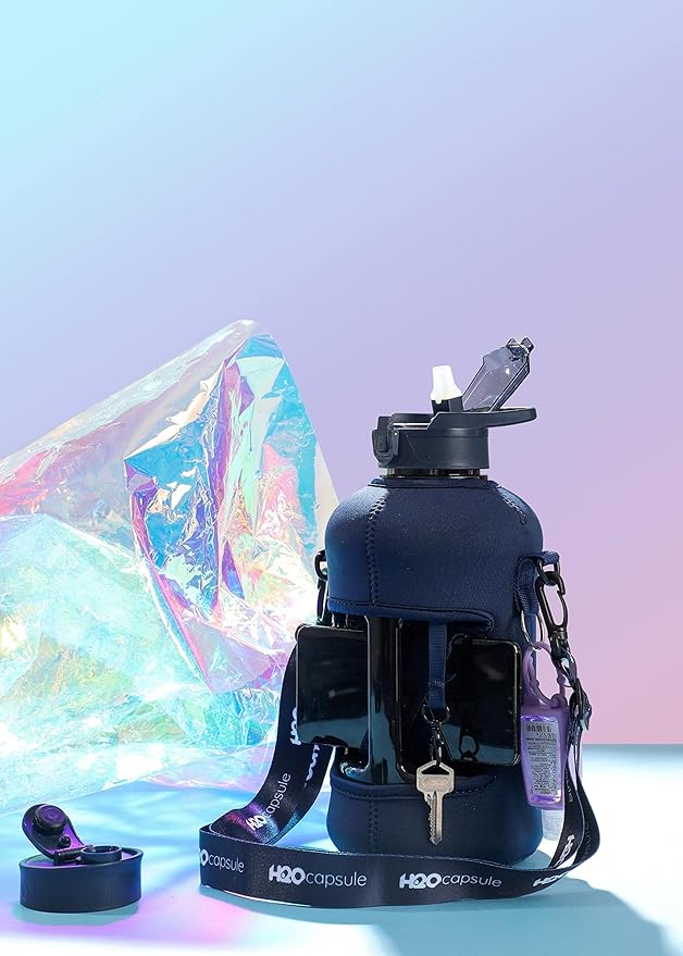 H2O Capsule 2.2L Half Gallon Water Bottle with Storage Sleeve and Covered Straw Lid – BPA Free Large Reusable Drink Container with Handle - Big Sports Jug, 2.2 Liter (74 Ounce)