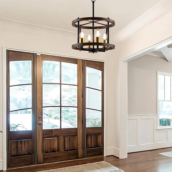 MO&OK 4-Lights Vintage Wood Color Farmhouse Wooden Metal Chandeliers Flush Mount Ceiling Light Fixture Farmhouse Chandelier for Dinning Room Living Room Bedroom Hallway Entryway Kitchen