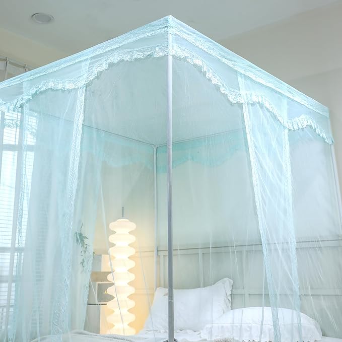 Bed Canopy, Princess Bed Curtain Net for Girls & Adults，Three-Doors Rectangle Lace Dome Netting (Green, Queen)