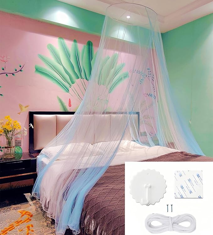 Eimilaly Two-Tone Bed Canopy Mosquito Net White Blue with Warm Lights, Bed Canopy for Girls Room Decor, Single Door