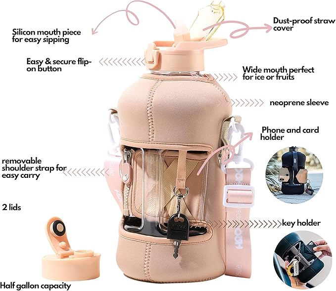 H2O Capsule 2.2L Half Gallon Water Bottle with Storage Sleeve and Covered Straw Lid – BPA Free Large Reusable Drink Container with Handle - Big Sports Jug, 2.2 Liter (74 Ounce)