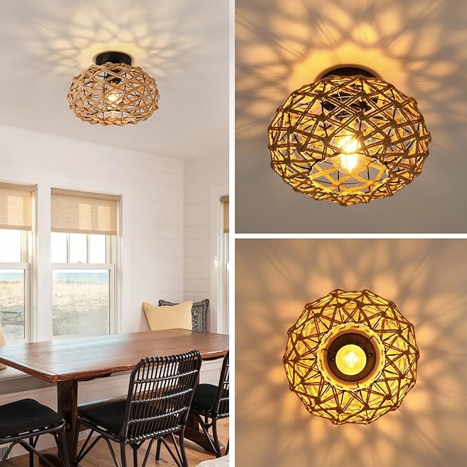 Rattan Ceiling Light Fixtures, Woven Wicker Semi Flush Mount Ceiling Light, Coastal Boho Rattan Ceiling Light for Farmhouse Bedroom Hallway Entryway Kitchen
