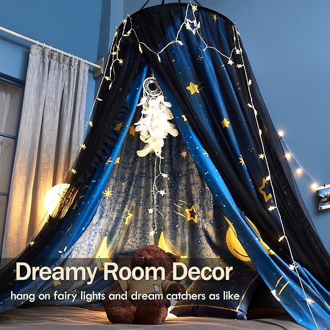 Kertnic Gorgeous Star Printed Bed Canopy for Girls & Adults, Room Decorative Cozy Bed Curtain Canopy Drapes, Round Dome Luxurious Lace Princess Canopies Mosquito Netting (Star)