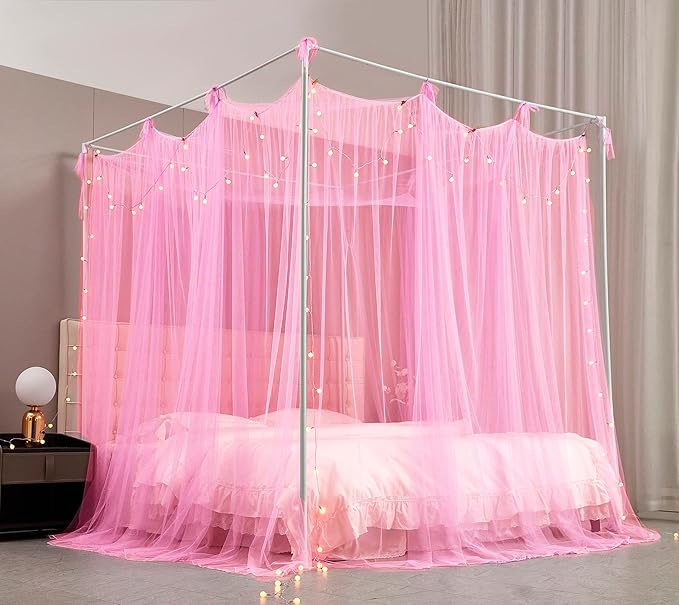 Mengersi Canopy Bed Curtains Bed Canopy with Lights for Girls, Bed Netting Unique Style 4 Door Mosquito Net for Adults Women Bedroom Decor (Pink+Lights, Twin/Twin XL)