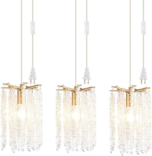 MO&OK Plug in Crystal Chandelier 3 Light with 15Ft Cord Modern Pendant Light for Bedroom Mini Antler Hanging Lamp for Kitchen Island Dinning Bedrooms and Hallway