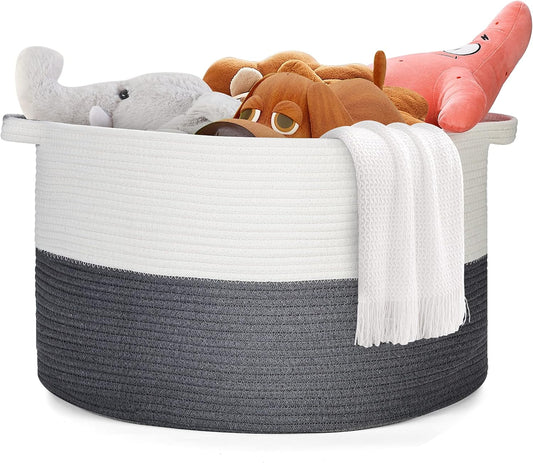 Ravinte Blanket Basket - 20"x 20"x 13" Cotton Rope Basket for Living Room, Baby Toy Storage Basket, Large Woven Laundry Basket (White-DarkGray)