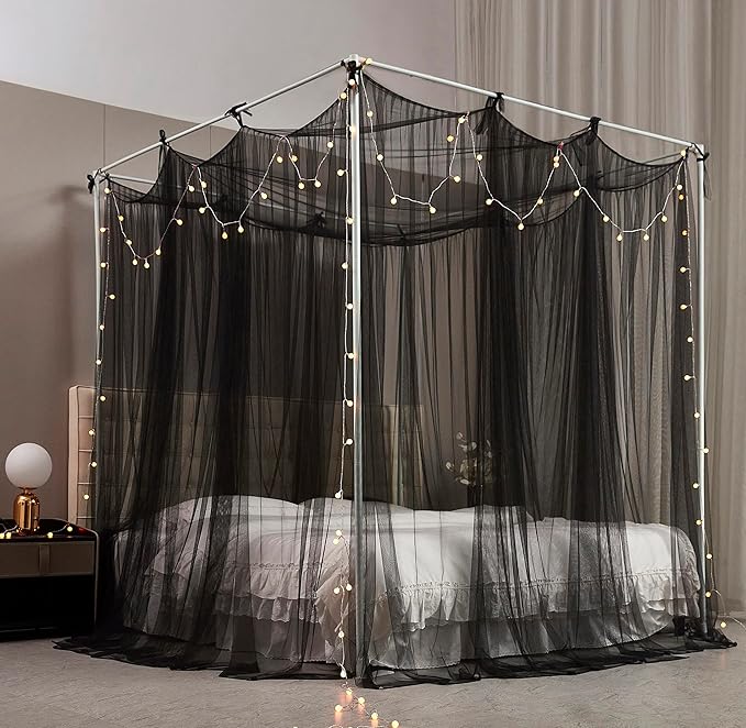 Mengersi Canopy Bed Curtains Bed Canopy with Lights for Girls, Bed Netting Unique Style 4 Door Mosquito Net for Adults Women Bedroom Decor (Black+Lights, California King)