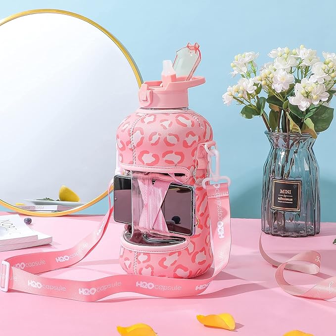 H2O Capsule 2.2L Half Gallon Water Bottle with Storage Sleeve and Covered Straw Lid – BPA Free Large Reusable Drink Container with Handle - Big Sports Jug, 2.2 Liter (74 Ounce)