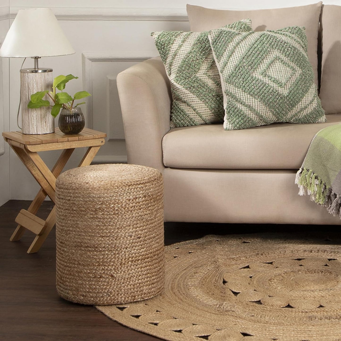 REDEARTH · Cylindrical Pouf Ottoman - Braided Pouffe Accent Sitting Round Footrest for Living Room, Bedroom, Nursery, kidsroom, Patio, Gym; 100% Jute Set of 2 (14.5"X14.5"X16"; Natural)