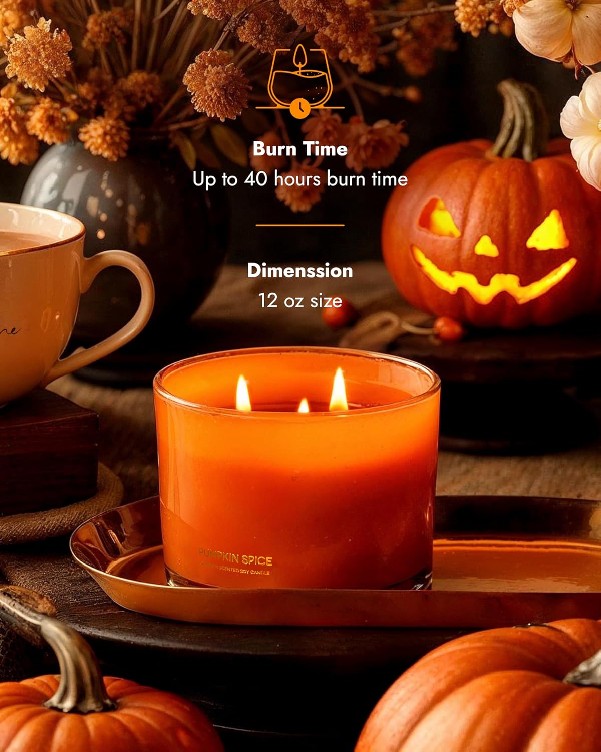 96NORTH Luxury Pumpkin Soy Candle | Large 3 Wick Jar Candle | Halloween & Fall Decor | Up to 40 Hours Burning | 100% Natural Soy Wax | Relaxing Aromatherapy Candle | Halloween Fall Candle Gift