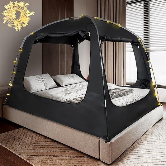 Bed Tent Bed Canopy Portable Twin Size Dream Tents 4 Doors 4 Mesh 80% Blackout - Indoor Breathable Sleeping Tents Privacy Space Tents for Adult with String Light