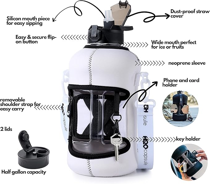 H2O Capsule 2.2L Half Gallon Water Bottle with Storage Sleeve and Covered Straw Lid – BPA Free Large Reusable Drink Container with Handle - Big Sports Jug, 2.2 Liter (74 Ounce)