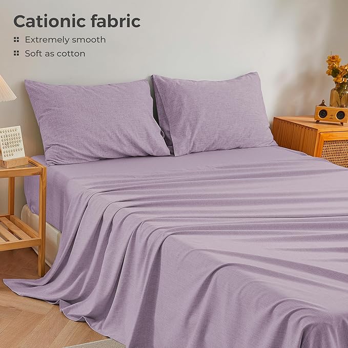 King Sheets Purple, Ultral Soft Cationic Linen Look Sheets, Luxury Cooling Cozy Bed Sheet Set with Non-Slip Fitted Sheet