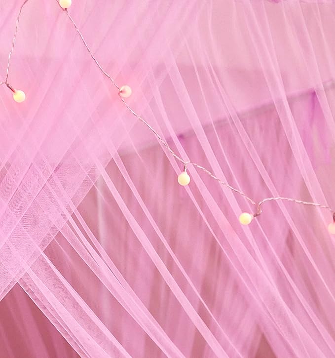 Mengersi Canopy Bed Curtains Bed Canopy with Lights for Girls, Bed Netting Unique Style 4 Door Mosquito Net for Adults Women Bedroom Decor (Pink+Lights, King)