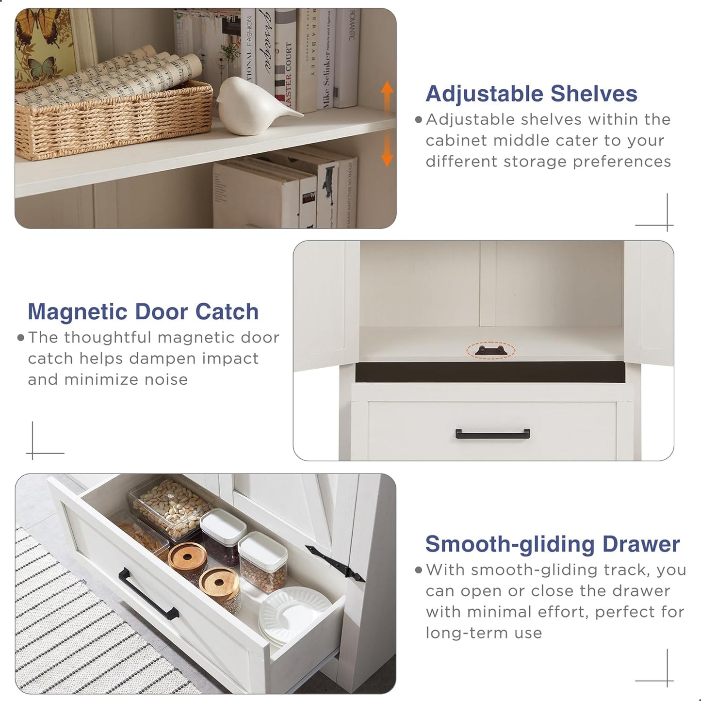 JXQTLINGMU Farmhouse Kitchen Pantry Cabinet - 72" Tall Wood Kitchen Storage Cabinets with Adjustable Shelves & 2 Barn Style Doors & Drawer, Versatile Storage for Dining Room, Bathroom, Antique White