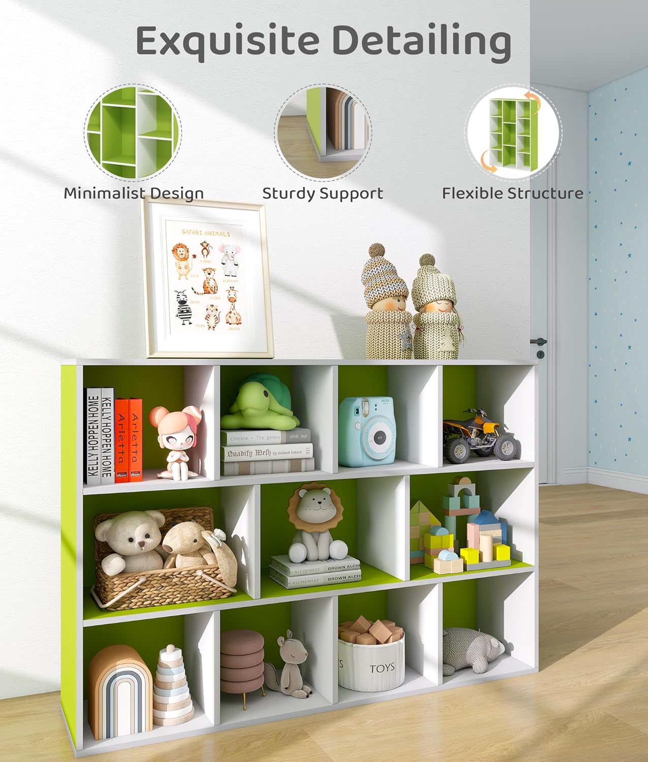 11 Cube Small Kids Bookshelf & Toy Organizer – Wooden Cube Bookcase for Playroom Organization and Storage, Book Storage for Kids Room, Baby Bookshelf for Nursery, Green/White