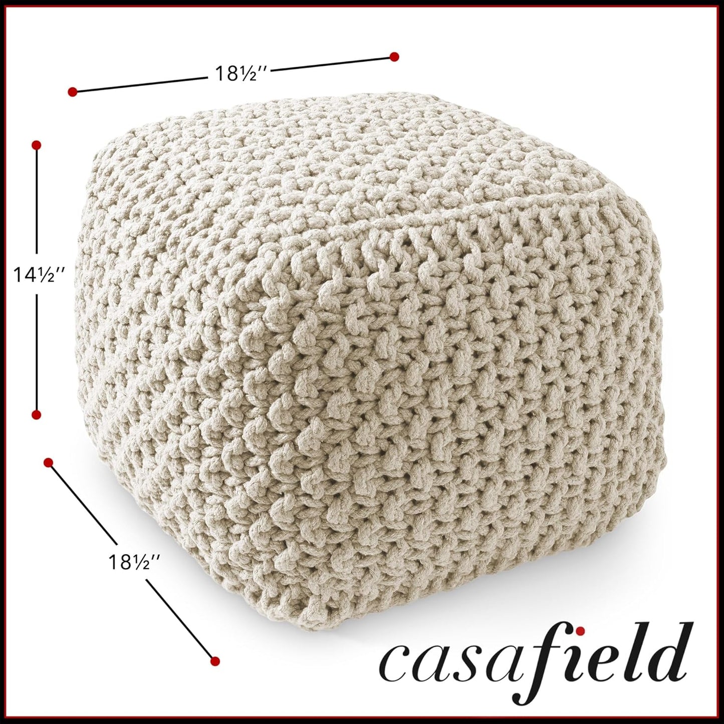 Casafield Square Pouf Ottoman, Natural - 18.5" W x 18.5" D x 14.5" H Cotton Knit Foot Stool - Boho Floor Pouffe for Living Room, Bedroom, Home Office
