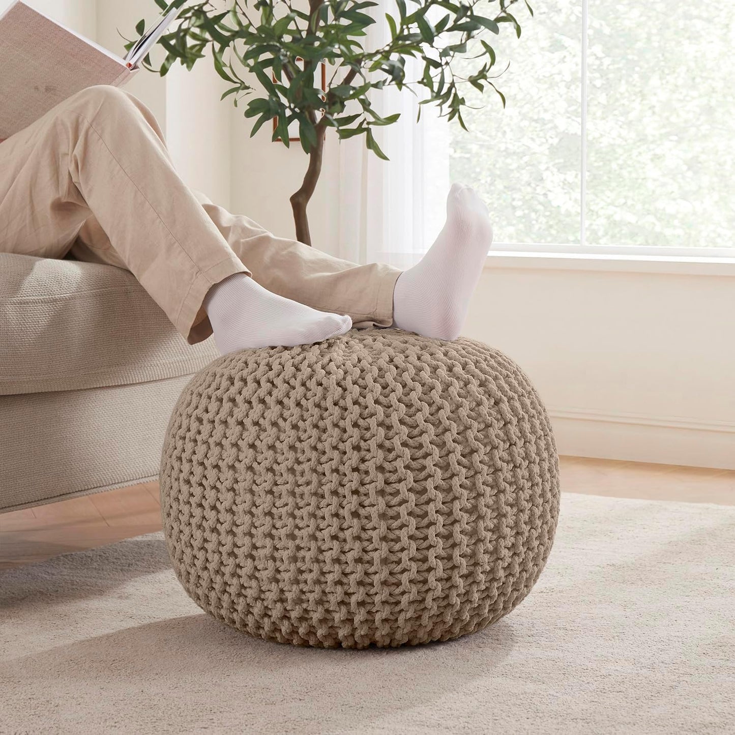 Ornavo Home Pouf Ottoman Foot Rest - 100% Cotton Pouffe - Hand Knitted Cable Braid Cord - Boho Round Stuffed Ottoman for Living Room, Bedroom - Beige