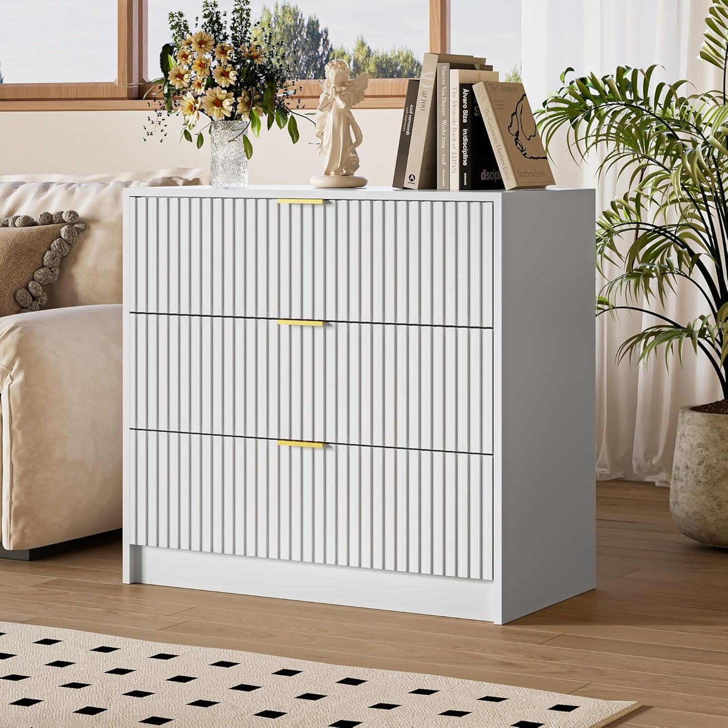 White Fluted Dresser for Bedroom, 32 Inch Wide Nightstand with Large Drawer, 3 Drawer End Table for Bedroom, Living Rooms, Offices, and Entryways
