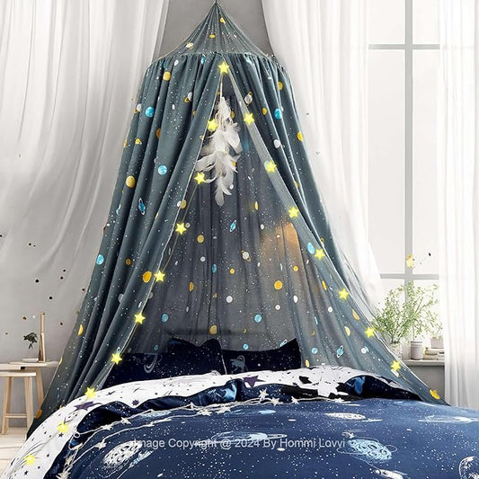 Space Rockets Print Kids Bed Canopy, Girls Princess Bed Canopy Dreamy Room Decor, Soft Hanging Reading Nook Play Tent Canopy, Extra Large Full Size Bed Canopy with String Light