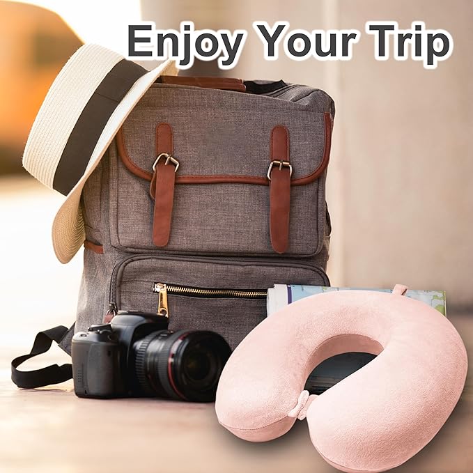 Neck Pillow for Airplane Travel, 100% Pure Memory Foam Travel Neck Pillow for Sleeping & Travel Essentials for Neck Rest, Pink, Pack with Box