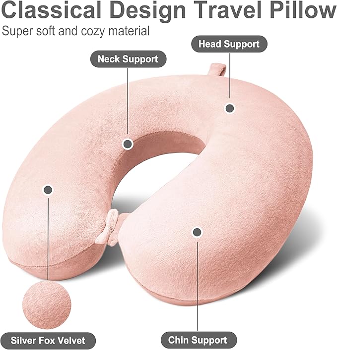 Neck Pillow for Airplane Travel, 100% Pure Memory Foam Travel Neck Pillow for Sleeping & Travel Essentials for Neck Rest, Pink, Pack with Box