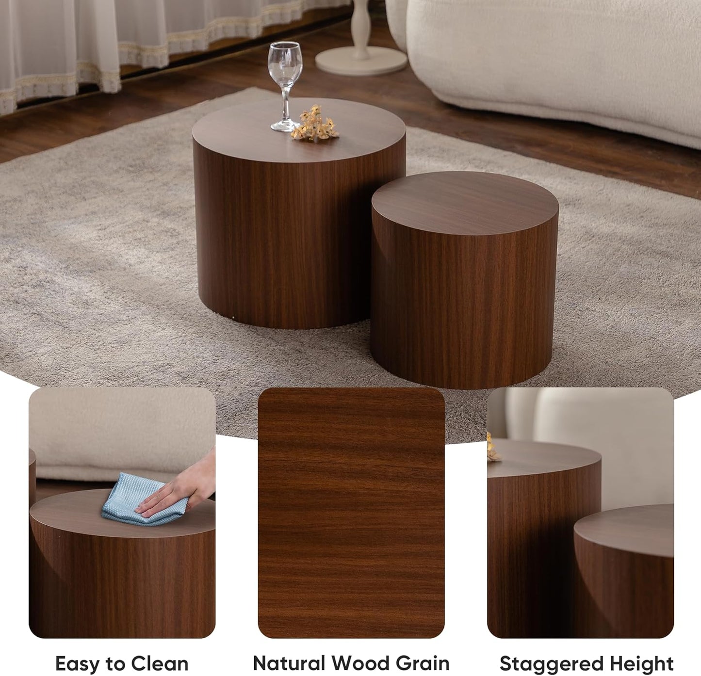 Nesting Round Coffee Table Set of 2, Small Circle Accent End Table for Small Spaces, Morden Drum Side Table, Wooden Center Table for Living Room, Fully Assembled - Dark Walnut