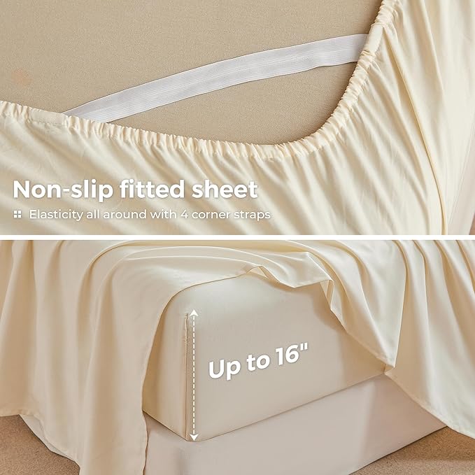 Queen Sheets Cream, Ultral Soft Cationic Linen Look Sheets, Luxury Cooling Cozy Bed Sheet Set with Non-Slip Fitted Sheet