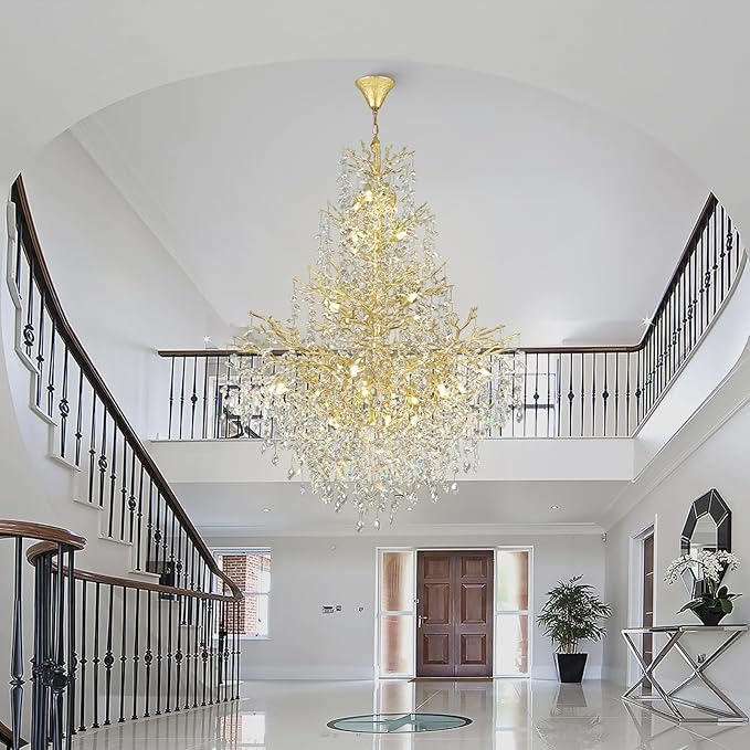 H65'' Gold Crystal High Ceilings Chandeliers Staircase Chandeliers Modern Crystal Tree Branch Chandelier, D48'' Foyer Chandelier for High Ceiling Luxury Large Living Room Chandelier, 27-Lights