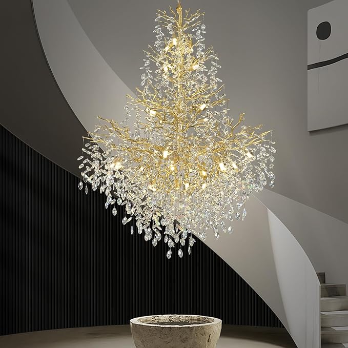 H65'' Gold Crystal High Ceilings Chandeliers Staircase Chandeliers Modern Crystal Tree Branch Chandelier, D48'' Foyer Chandelier for High Ceiling Luxury Large Living Room Chandelier, 27-Lights