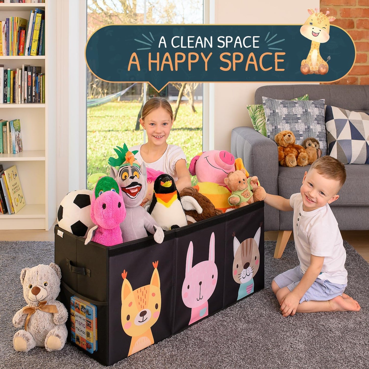 Extra Large Toy Storage Organizer with Lid - Sturdy, Collapsible Toy Chest Storage Box with Cute Design - Toys Bin with Dividers for Kids, Boys, Girls, Nursery, Bedroom, Play room 37"x16"x14"