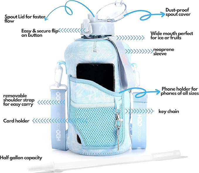 H2O Capsule 2.2L Half Gallon Water Bottle with Storage Sleeve and Removable Straw – BPA Free Large Reusable Drink Container with Handle - Big Sports Jug, 2.2 Liter (74 Ounce), Chill TieDye
