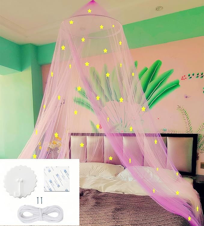 Eimilaly Two-Tone Bed Canopy Glow in The Dark Pink Purple, Mosquito Net Bed Canopy for Girls Room Decor, Single Door