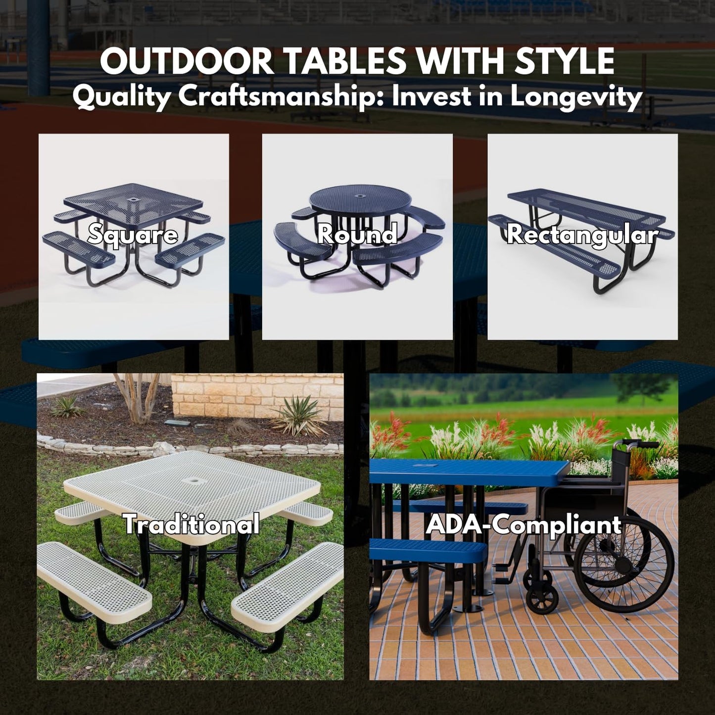 Coated Outdoor Furniture Heavy-Duty Portable Outdoor Picnic Table with Umbrella Hole, Expanded Metal Commercial-Grade Patio Dining Furniture Made in America (46" Round Top, Textured Sandstone)