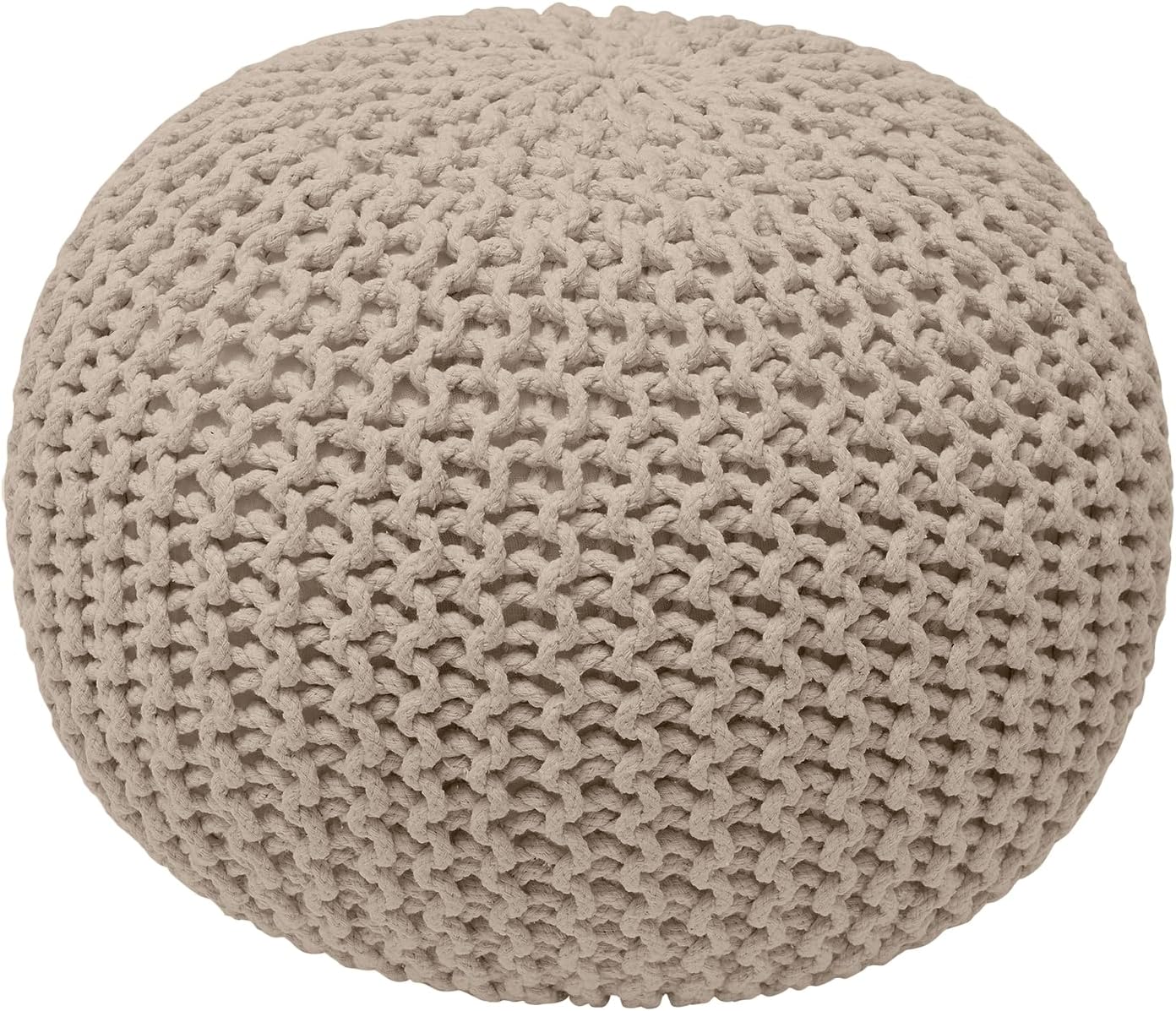 Ornavo Home Pouf Ottoman Foot Rest - 100% Cotton Pouffe - Hand Knitted Cable Braid Cord - Boho Round Stuffed Ottoman for Living Room, Bedroom - Beige