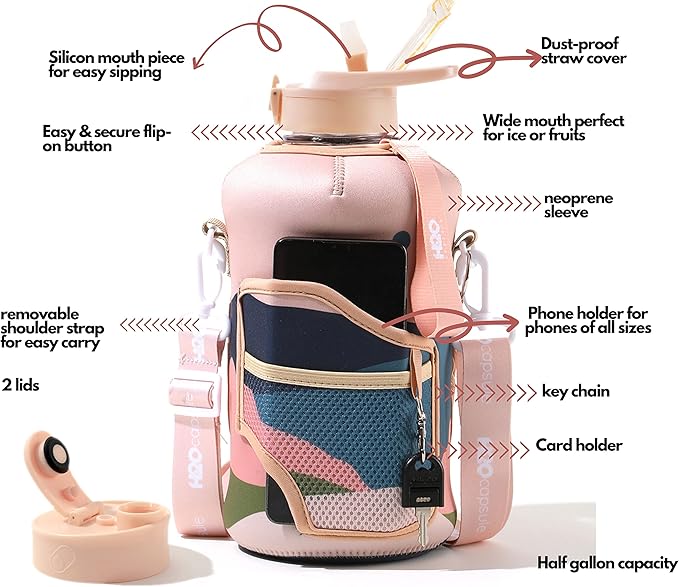 H2O Capsule 2.2L Half Gallon Water Bottle with Storage Sleeve and Removable Straw – BPA Free Large Reusable Drink Container with Handle - Big Sports Jug, 2.2 Liter (74 Ounce), Mountain Night