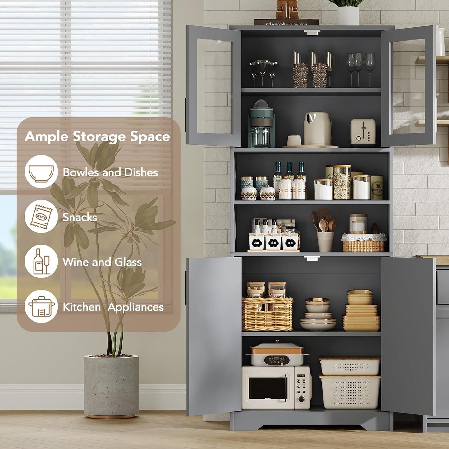 GarveeHome 67" Tall Storage Cabinet, Tall Bathroom Cabinet with Glass Doors and Adjustable Shelves, Freestanding Kitchen Pantry Cabinets, Cupboard for Living Room, Dining Room, Gray