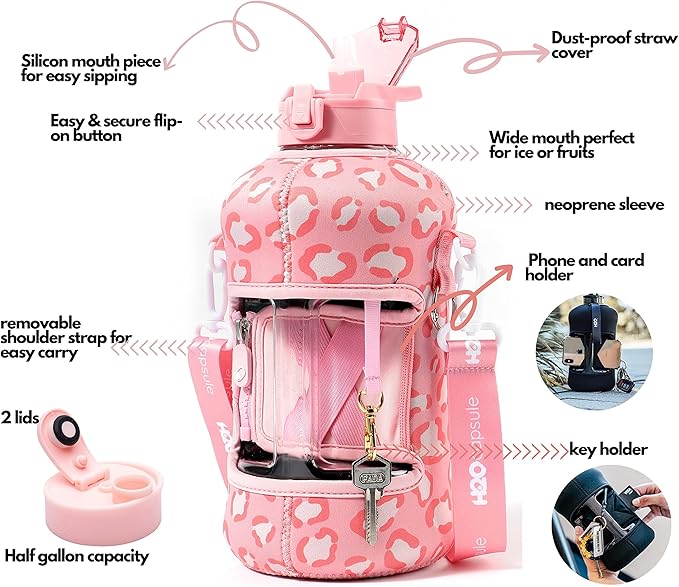 H2O Capsule 2.2L Half Gallon Water Bottle with Storage Sleeve and Covered Straw Lid – BPA Free Large Reusable Drink Container with Handle - Big Sports Jug, 2.2 Liter (74 Ounce)