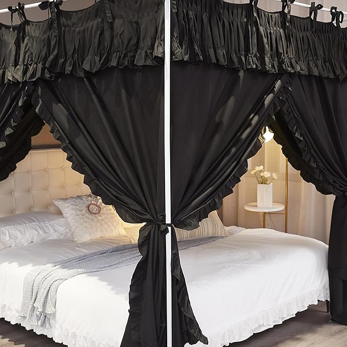 Ruffle Lace up 4 Corners Post Princess Curtain Bed Canopy Cozy Breathable Mosquito Net Cloth for Girls Adults Bedroom Decoration (Black, 59" W*82" L*82" H/Queen)