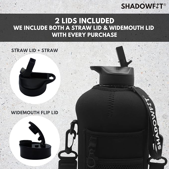 Half Gallon Water Bottles (74 ounce, 2.2 Liter) with Straw Lid Handle and Storage Sleeve - Large Jug Holder with Strap for Drinking during Workout and Exercise