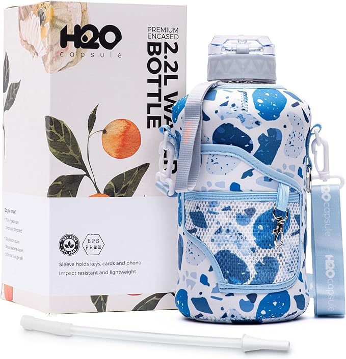 H2O Capsule 2.2L Half Gallon Water Bottle with Storage Sleeve and Removable Straw – BPA Free Large Reusable Drink Container with Handle - Big Sports Jug, 2.2 Liter (74 Ounce), Blue Collage
