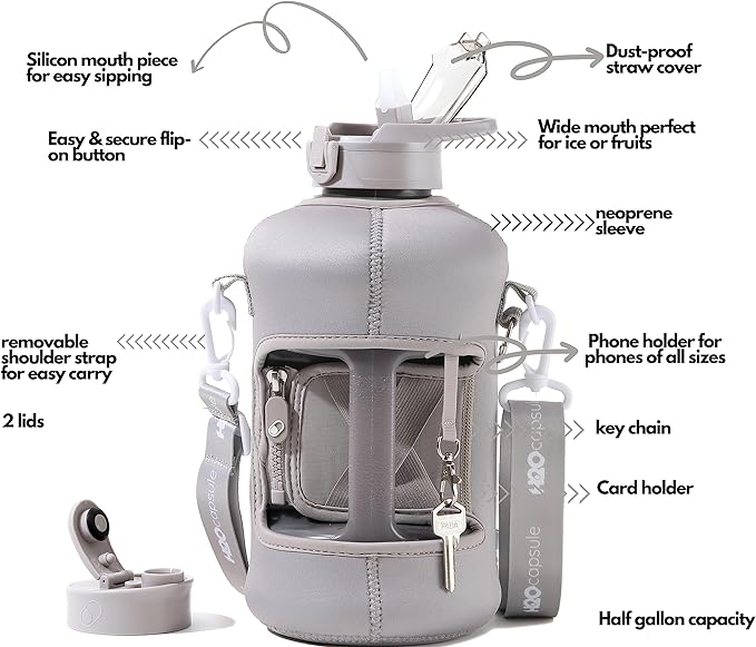 H2O Capsule 2.2L Half Gallon Water Bottle with Storage Sleeve and Covered Straw Lid – BPA Free Large Reusable Drink Container with Handle - Big Sports Jug, 2.2 Liter (74 Ounce)