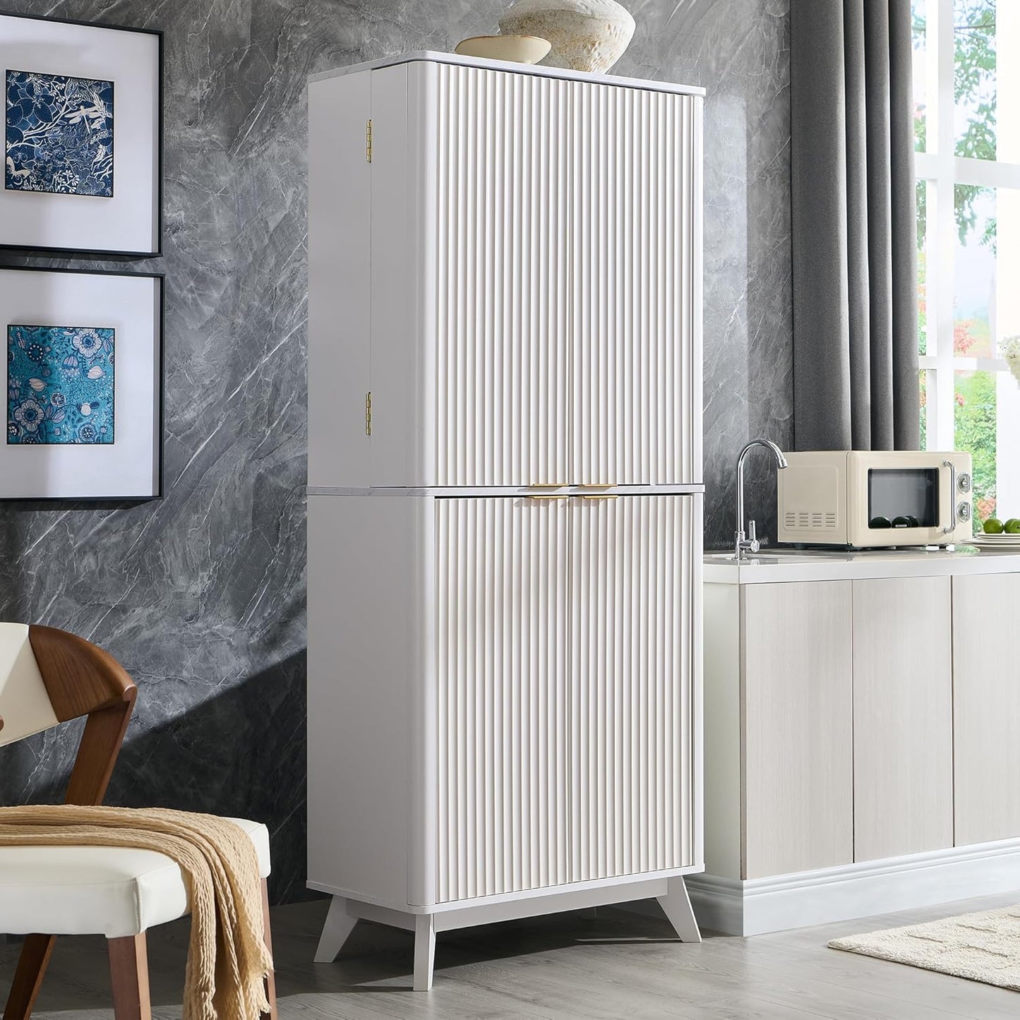 OKD Fluted Kitchen Pantry, 72" Tall Mid Century Modern Storage Cabinet with Adjustable Shelves & Door Organizer, Wood Cabinet for Kitchen, Living Room, Solid White