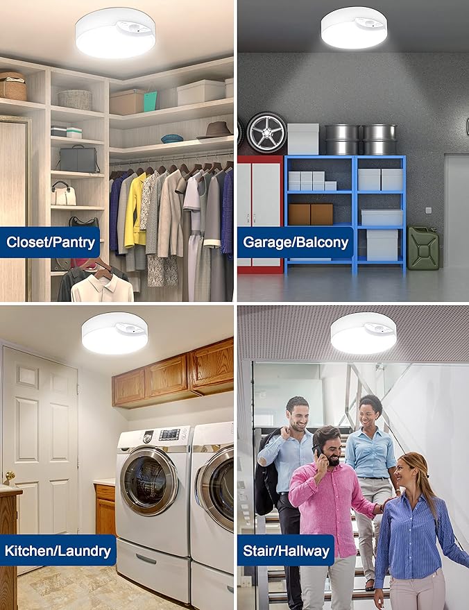 Battery Operated Motion Sensor Ceiling Light Indoor, LED Fixture Wireless Wall Light with Remote Control Brightness Dimmable Timer Setting Daylight for Closet Garage Shed, 2 Pack