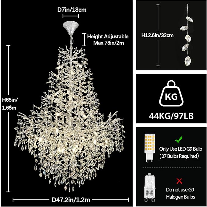 H65'' Silver Crystal High Ceilings Chandelier Staircase Chandeliers Modern Crystal Tree Branch Chandelier, D48'' Foyer Chandelier for High Ceiling Luxury Large Living Room Chandelier, 27-Lights