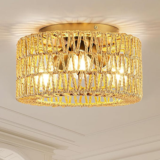 MAYNA 3-Light Boho Light Fixtures Ceiling Mount, Hand-Woven Chandelier Light Fixture,Farmhouse Rattan Flush Mount Ceiling Light for Hallway Bedroom Kitchen Living Room Entryway (Gold)