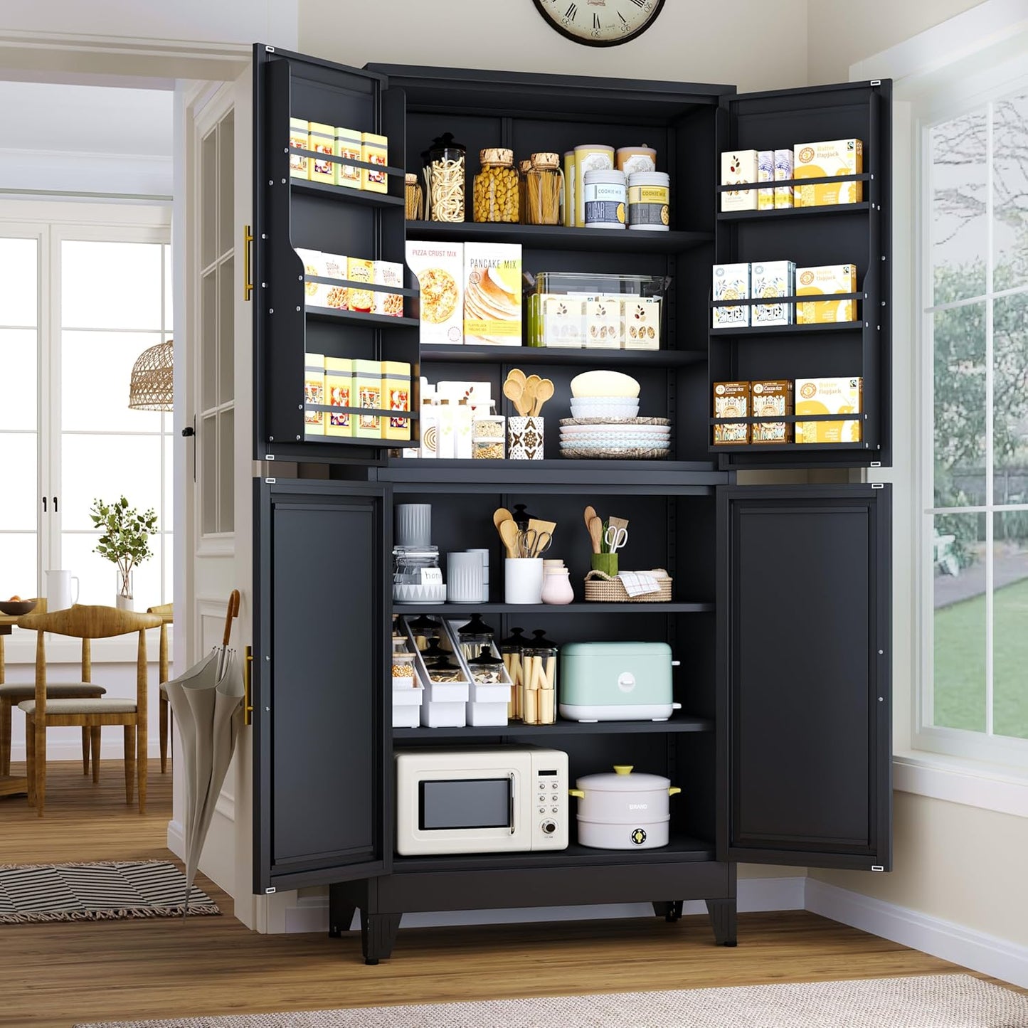 74.8" Tall Metal Food Cabinet, Black Kitchen Pantry Cabinet, Storage Cabinets with 4 Door and 4 Adjustable Shelves, Steel Freestanding Cupboard for Kitchen Dining Room Living Room Bathroom